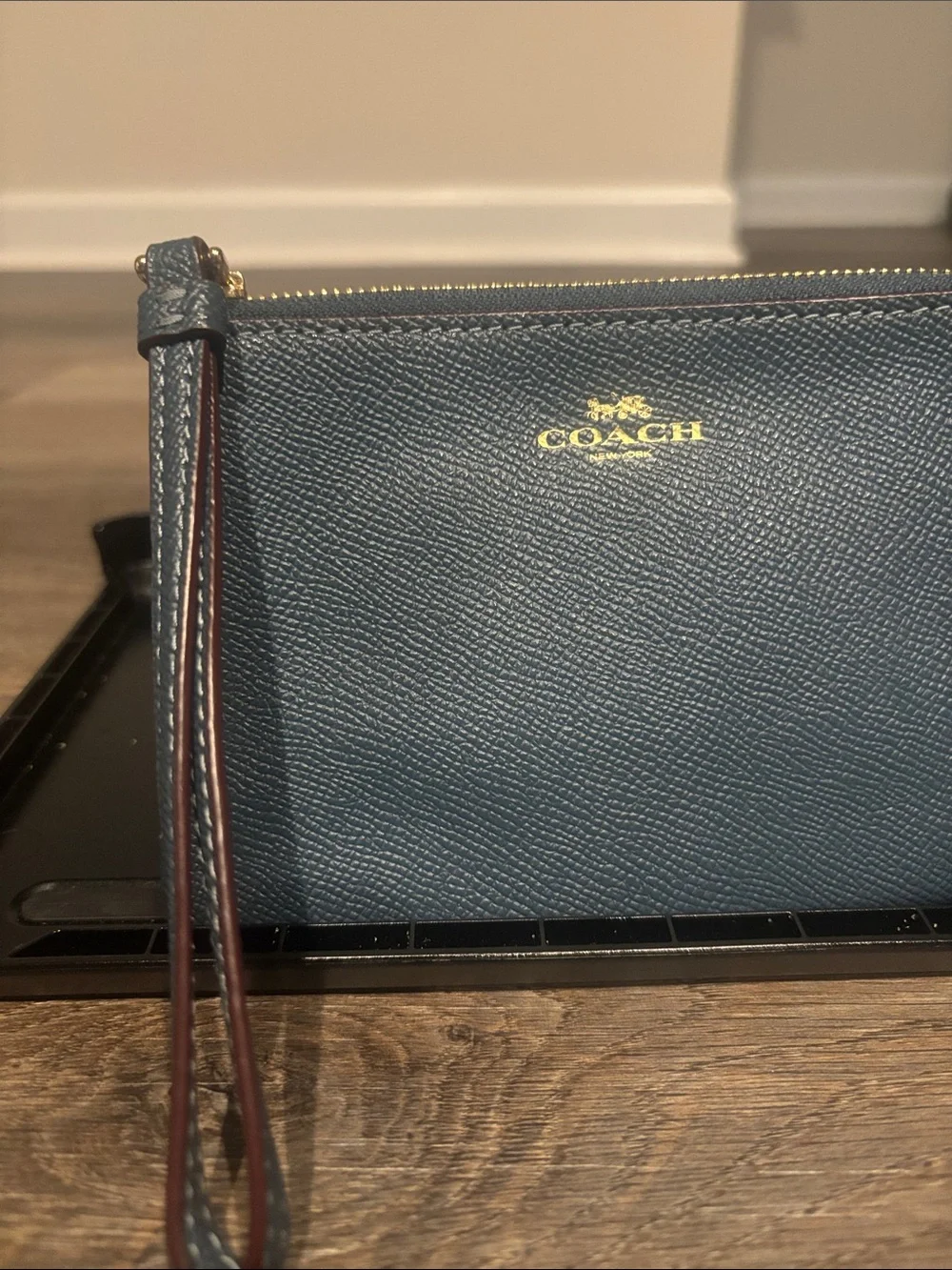 Coach Navy Leather Wristlet with Gold Logo